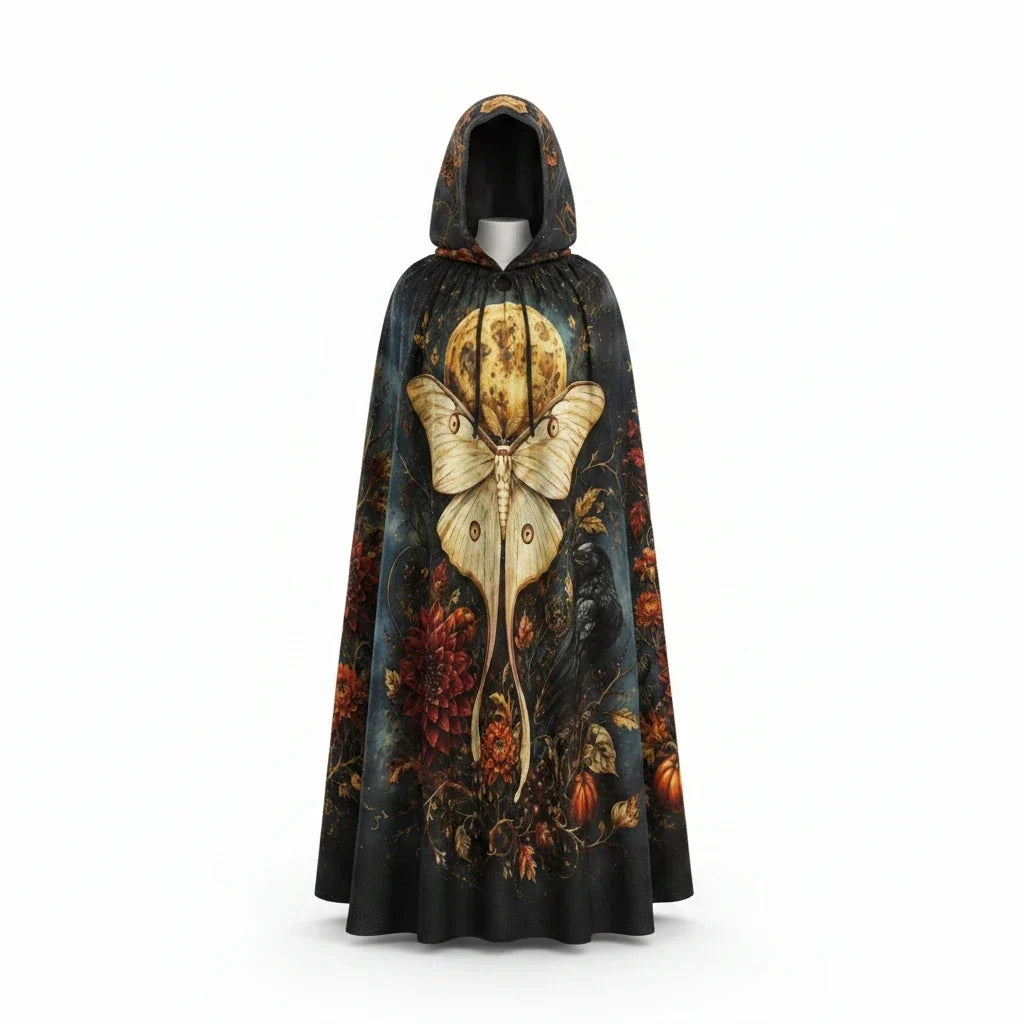 Back view hooded cloak with centered moth-butterfly print and warm floral border