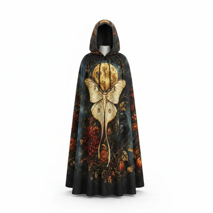 Back view hooded cloak with centered moth-butterfly print and warm floral border