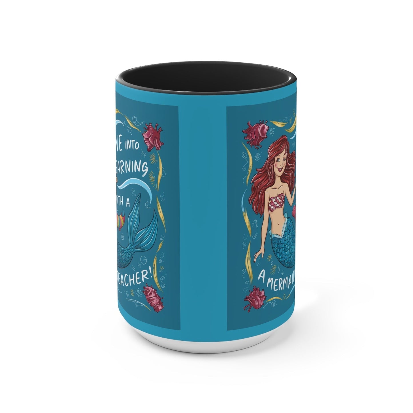 Blue illustrated accent mug with black interior and side mermaid artwork