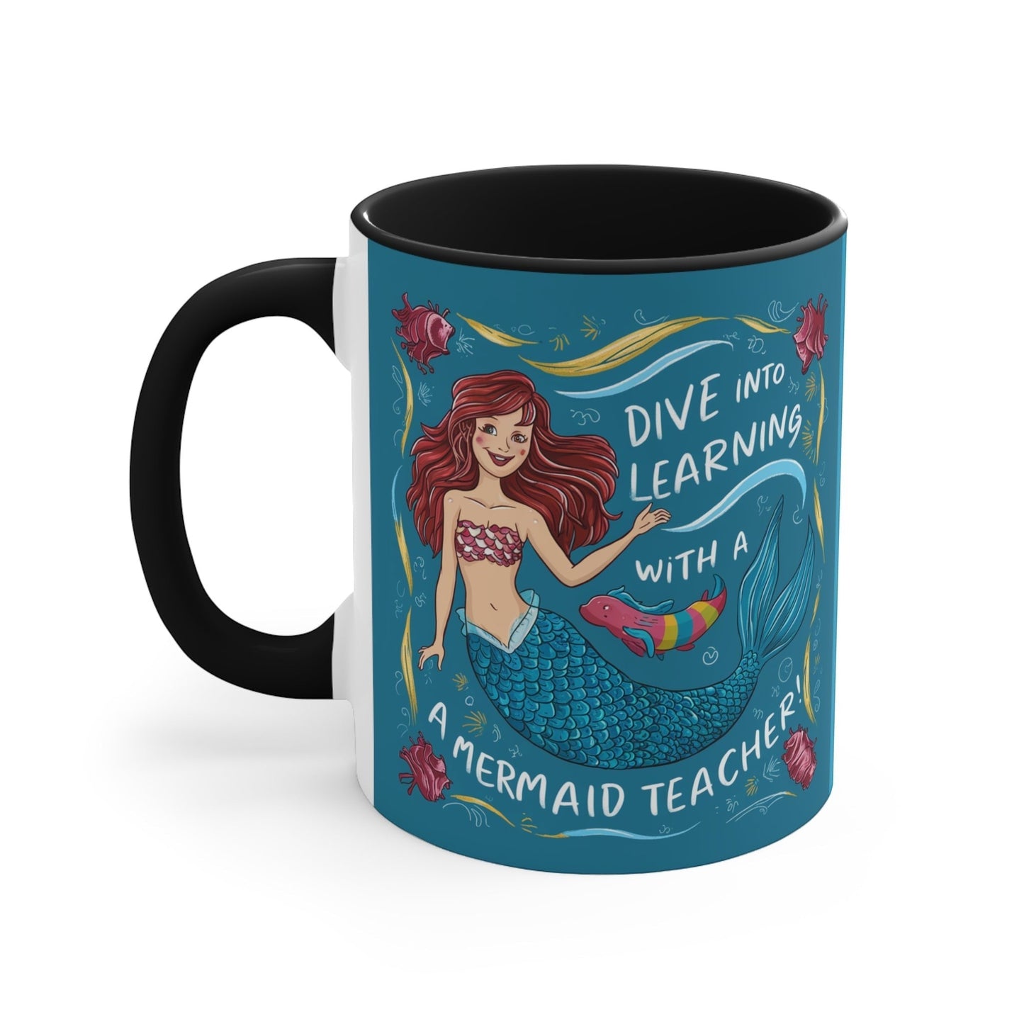 Black accent mug with teal mermaid illustration and "Dive into Learning" text
