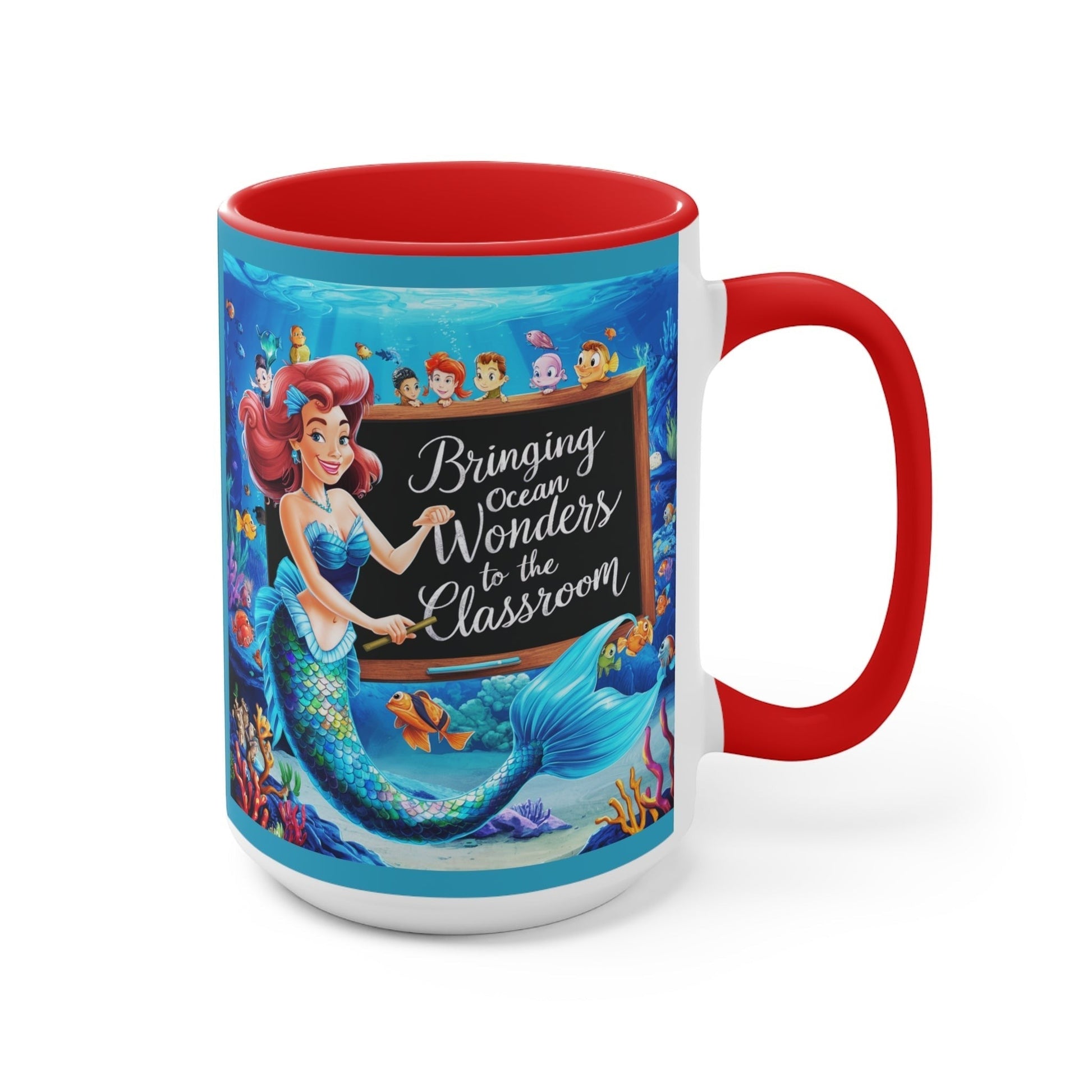 Red ceramic accent mug with mermaid and ocean friends graphic, angled view with handle.