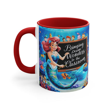 Red ceramic accent mug with mermaid and kids ocean graphic, red handle and rim
