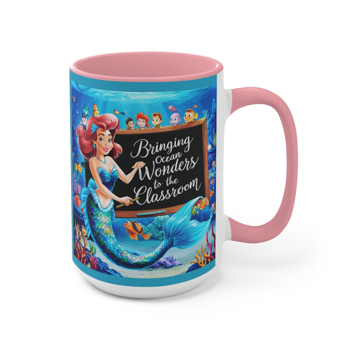 Pink ceramic accent mug, front ocean mermaid and children graphic, pink handle