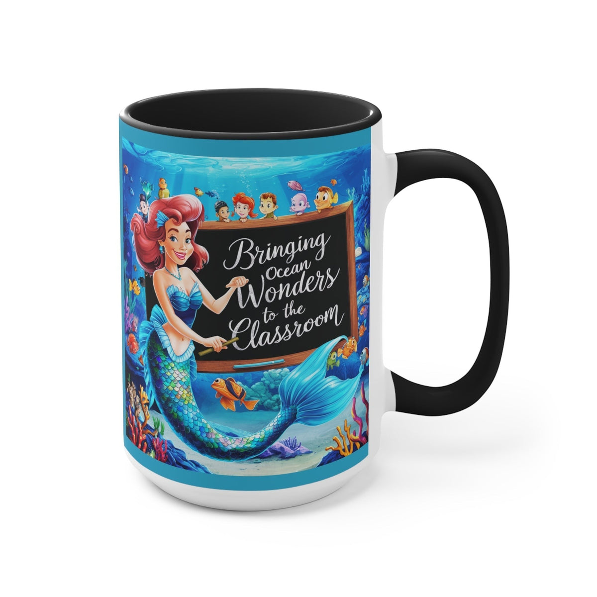 Black ceramic accent mug with mermaid ocean graphic, angled side with handle visible.