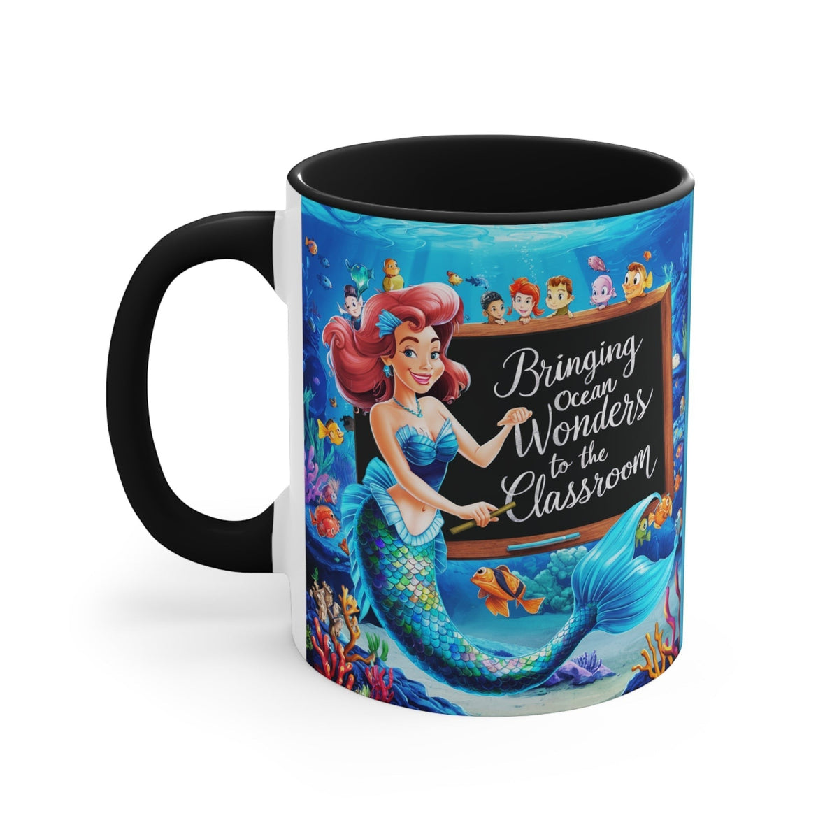 Black ceramic accent mug with mermaid and ocean children graphic, black handle and rim