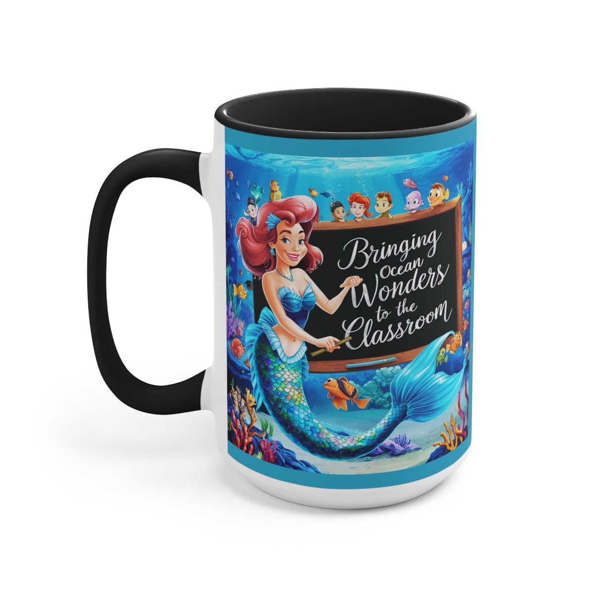 Black ceramic accent mug with mermaid and children underwater graphic, front view.