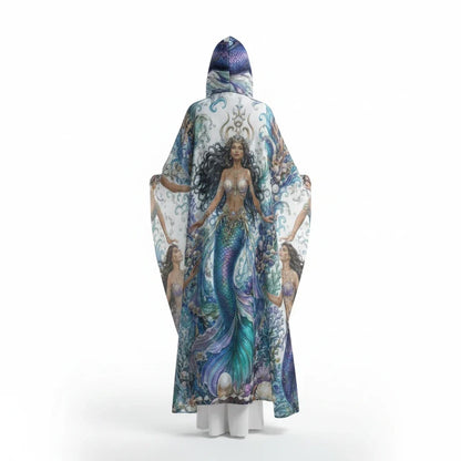 Back view hooded cloak with ocean mermaid artwork, flared hem, and multicolor print on white