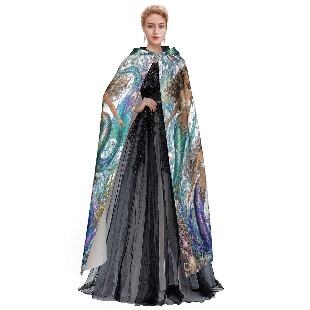 Hooded cloak draped over outfit, showing multicolor ocean mermaid print on white stretch fabric