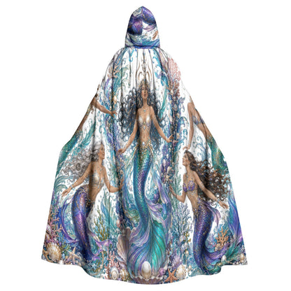 Hooded cloak garment with flowing cape shape and multicolor ocean mermaid artwork on white