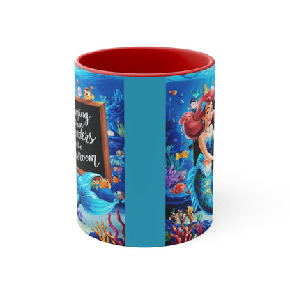Ocean-themed accent mug with blue sides, red interior, and colorful underwater character print