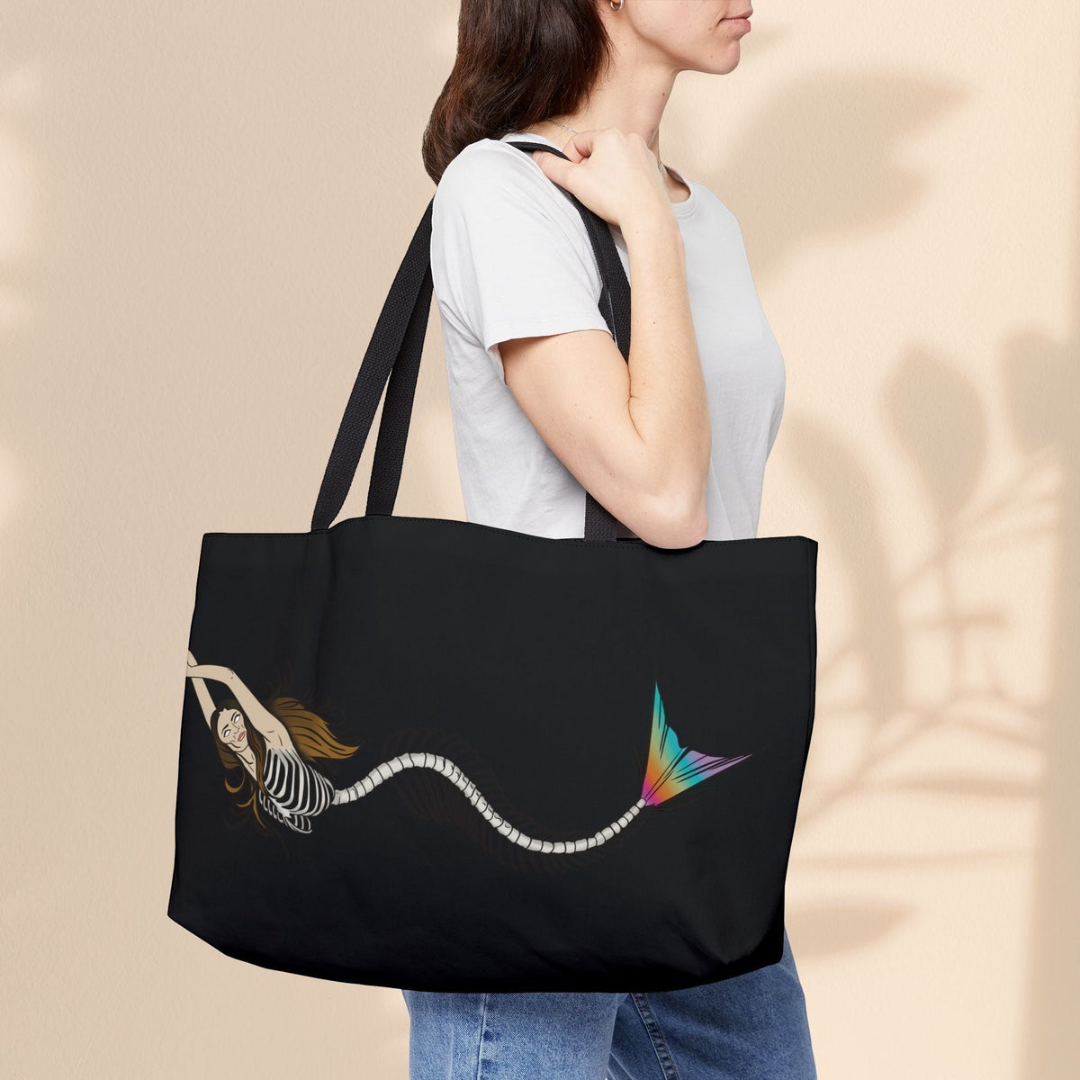 Mermaid Skeleton Weekender Tote Bag - Dark Gothic Mermaid Art Beach Bag for Mermaid Lovers, 24x13 Spun Polyester