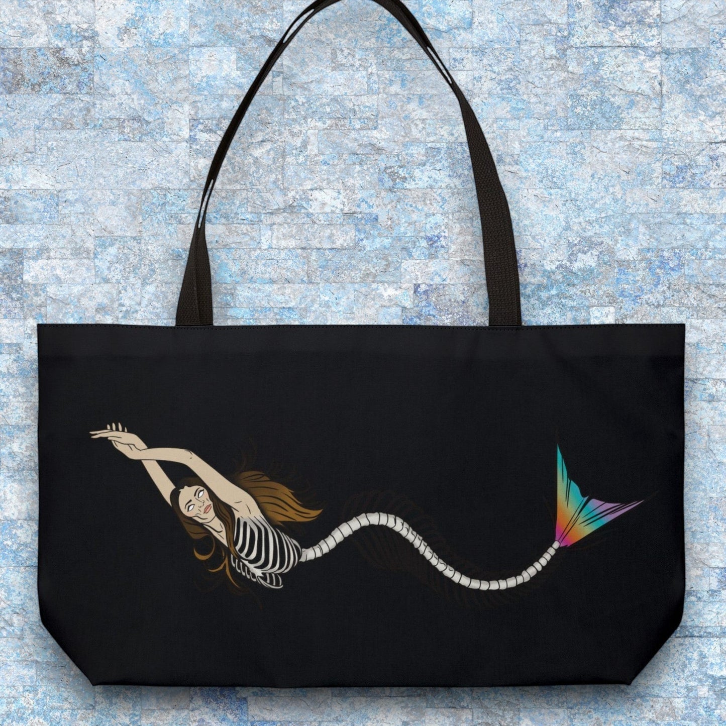 Mermaid Skeleton Weekender Tote Bag - Dark Gothic Mermaid Art Beach Bag for Mermaid Lovers, 24x13 Spun Polyester