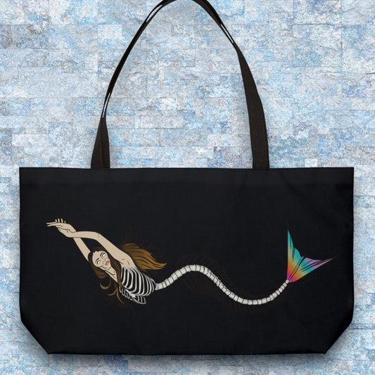 Mermaid Skeleton Weekender Tote Bag - Dark Gothic Mermaid Art Beach Bag for Mermaid Lovers, 24x13 Spun Polyester