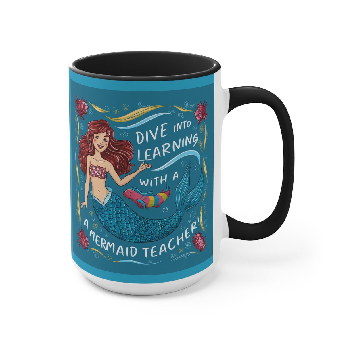 Black ceramic mug with mermaid teacher graphic and 'Dive into learning' lettering