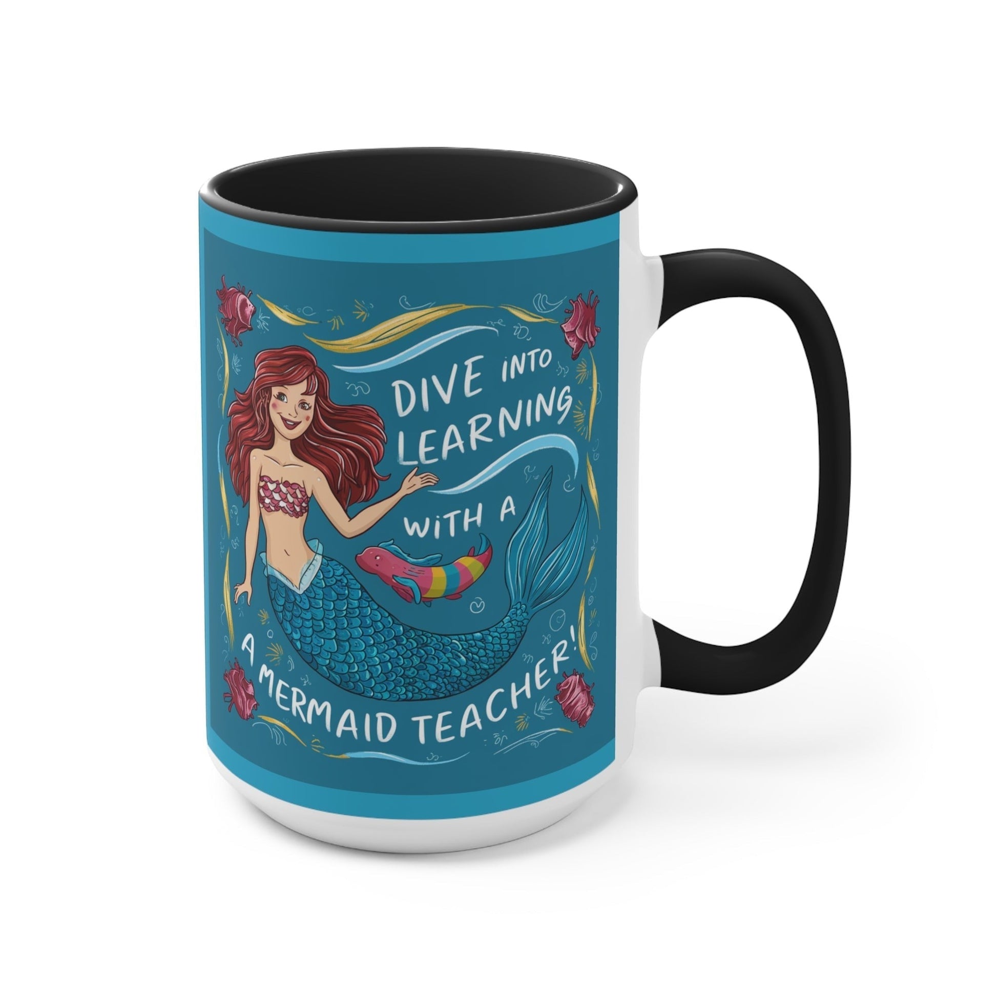 Black ceramic mug with mermaid teacher graphic and 'Dive into learning' lettering