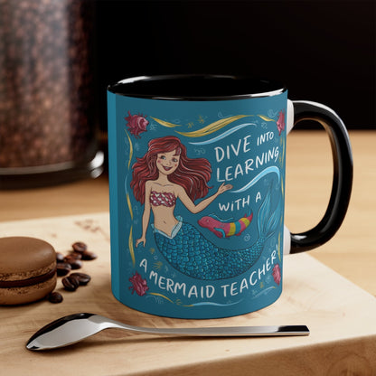 Black accent mug with teal mermaid graphic and "Dive into Learning" text