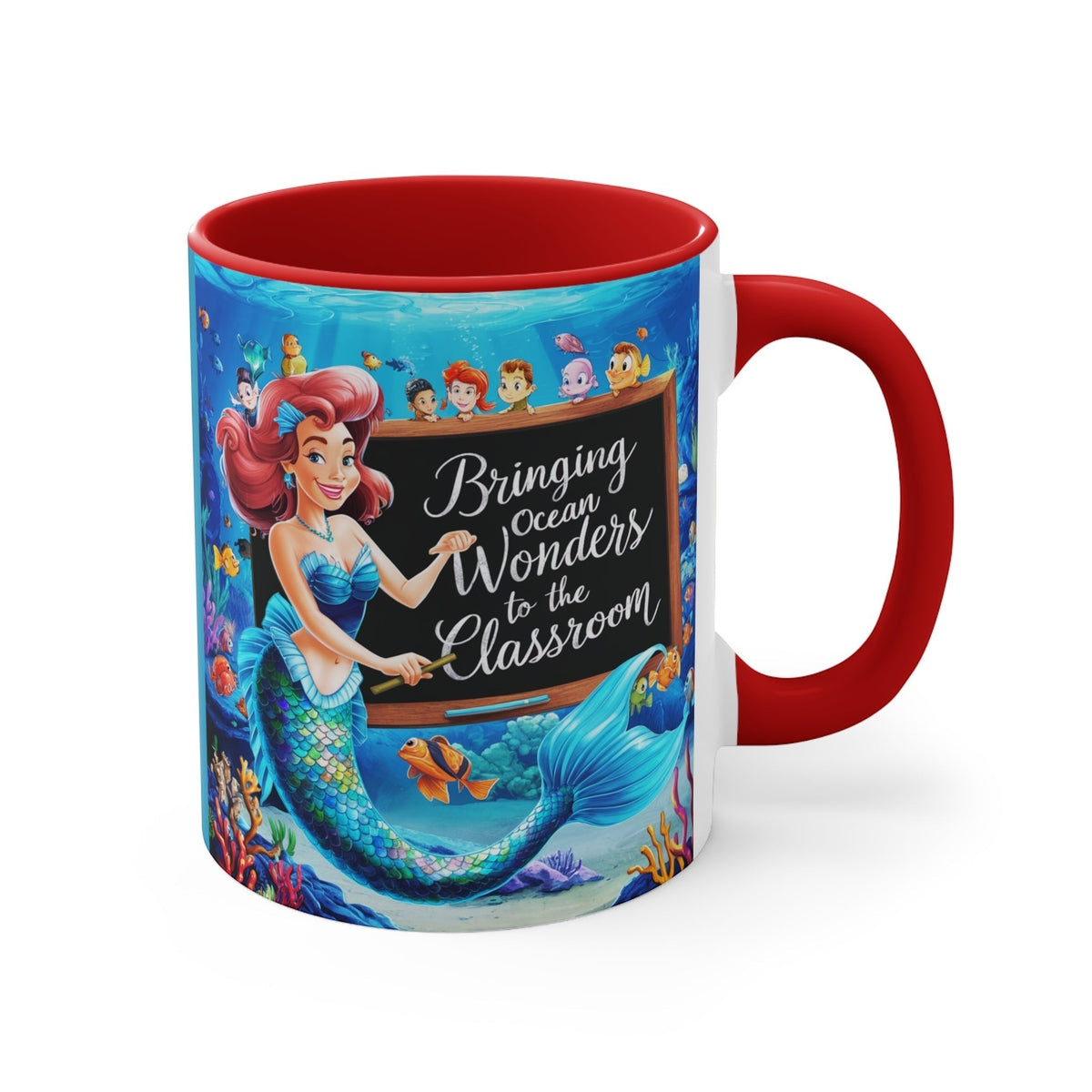 Red ceramic mug with side graphic showing mermaid and children, red handle and rim