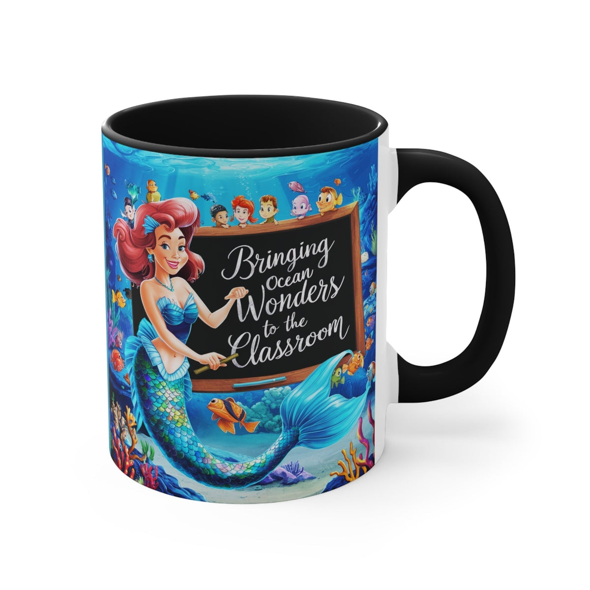 Black ceramic mug with front mermaid ocean classroom design, black handle and rim