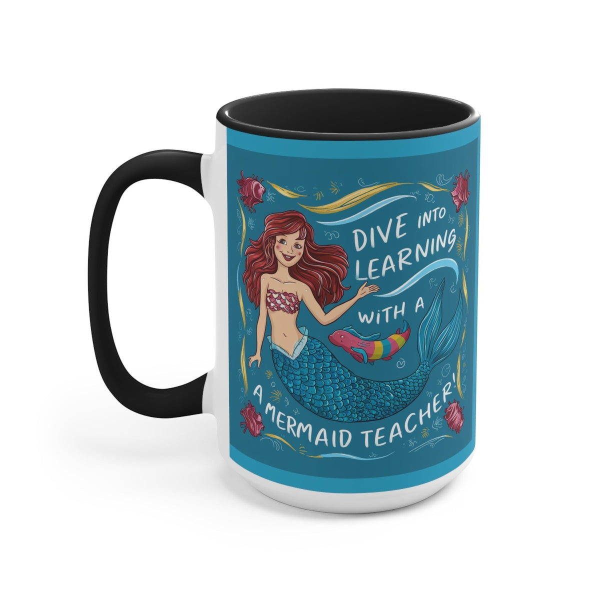 Black ceramic mug with mermaid teacher graphic, 'Dive into learning' text