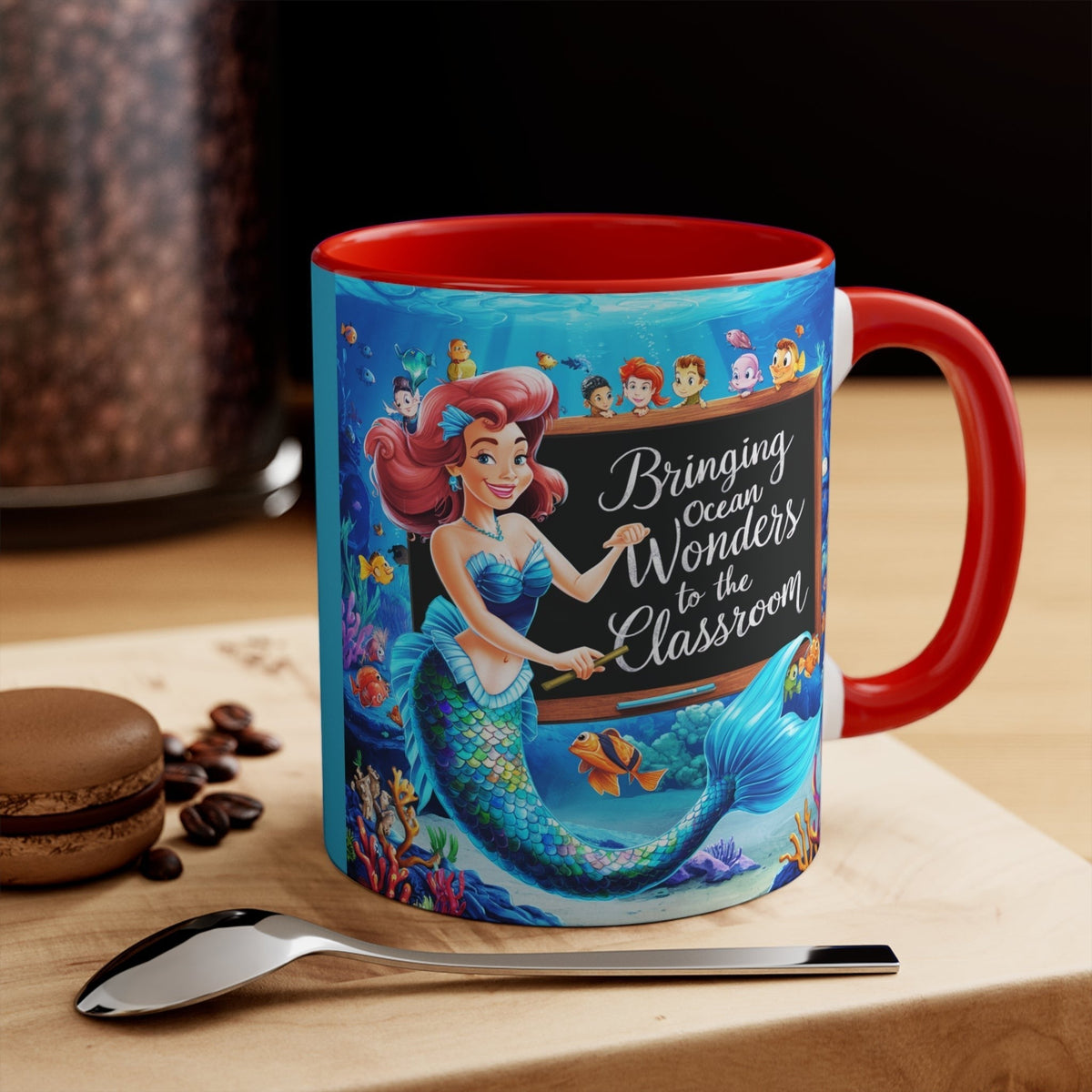 Red ceramic accent mug with mermaid ocean classroom print, red handle and rim