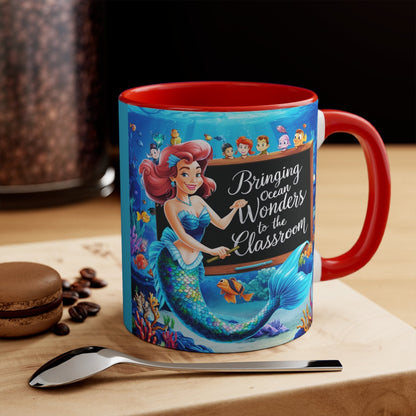 Red ceramic accent mug with mermaid ocean classroom print, red handle and rim