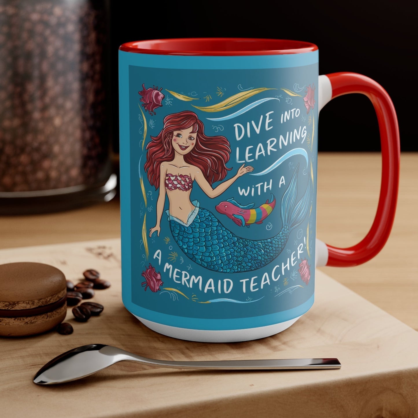 Red ceramic mug with mermaid teacher graphic, 'Dive into learning' and ocean-themed art