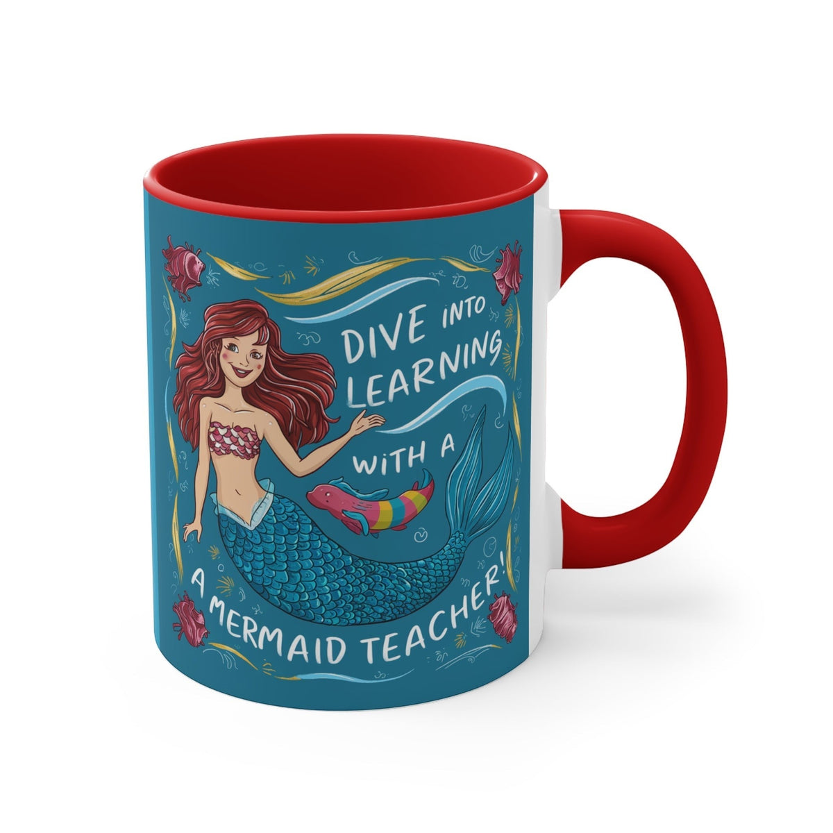 Red accent mug with teal mermaid graphic and "Dive into Learning" text