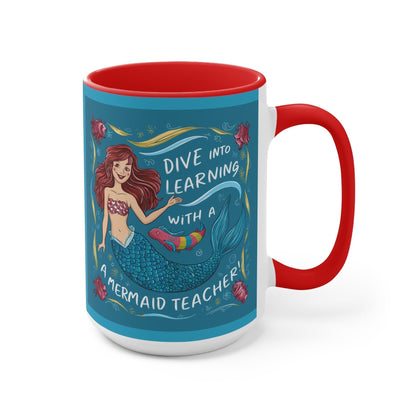 Red ceramic mug with mermaid teacher graphic and 'Dive into learning with a mermaid' text