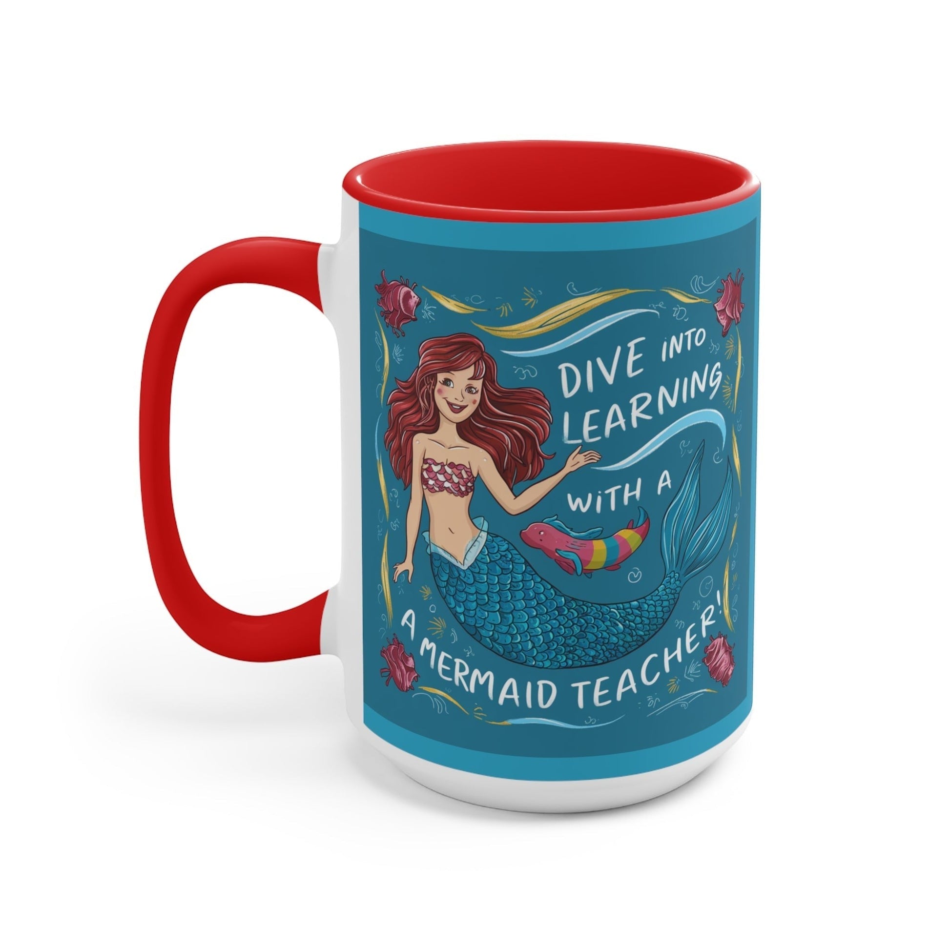 Red ceramic mug with mermaid teacher graphic and 'Dive into learning' text