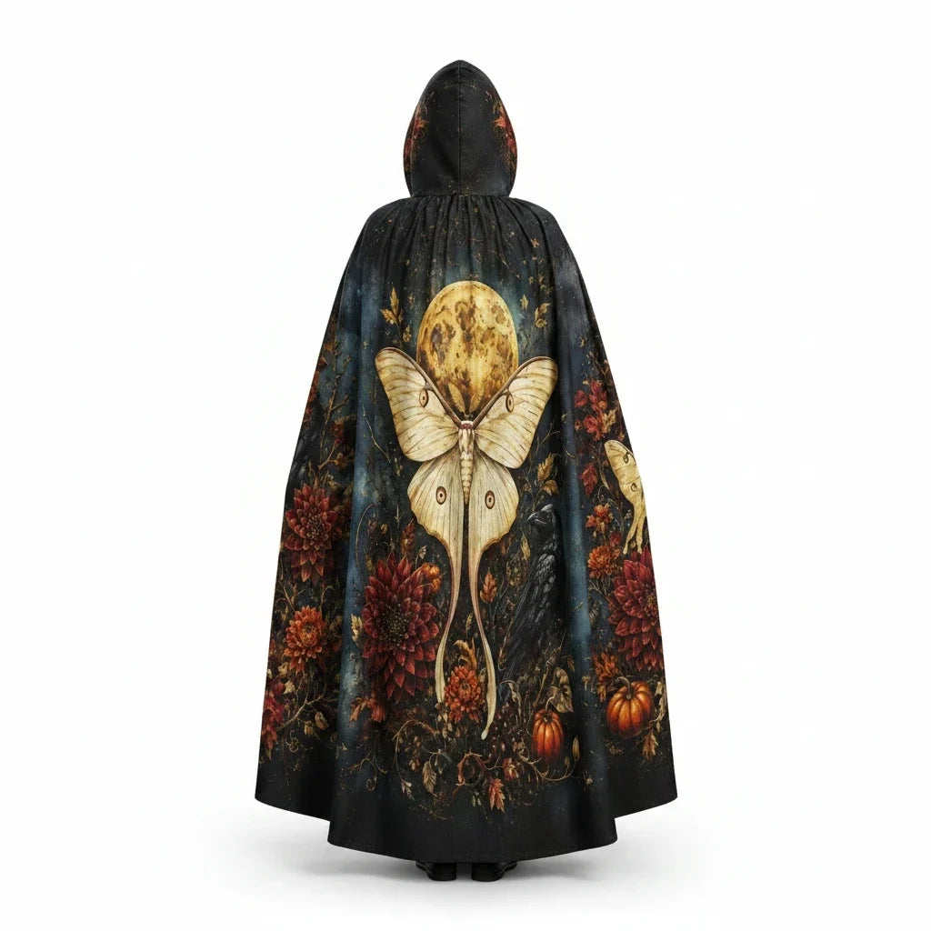 Rear hooded cloak with centered moth-butterfly print and warm floral border