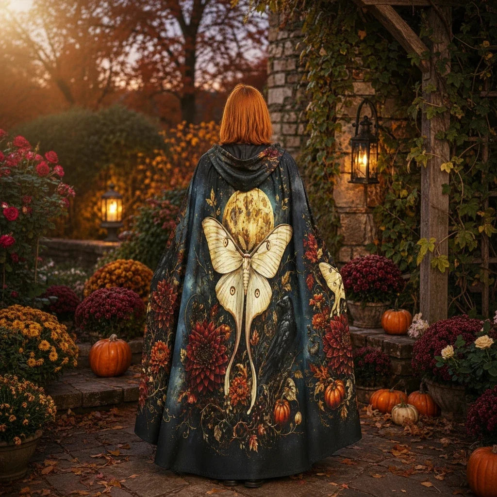 Back hooded cloak cape with moth centerpiece and multicolor floral print on dark base