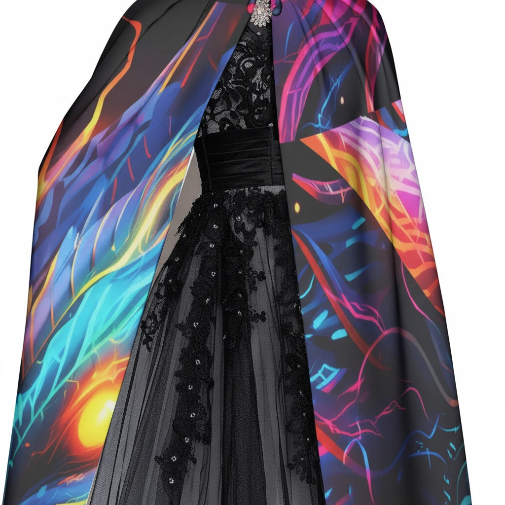 Close-up of black hooded cloak front with neon dragon print and decorative lace trim.