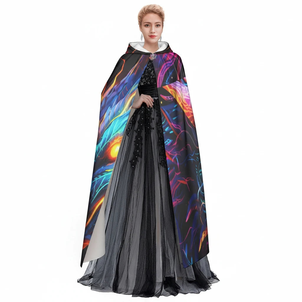 Front view of black hooded cloak with neon dragon print and layered sheer black skirt.