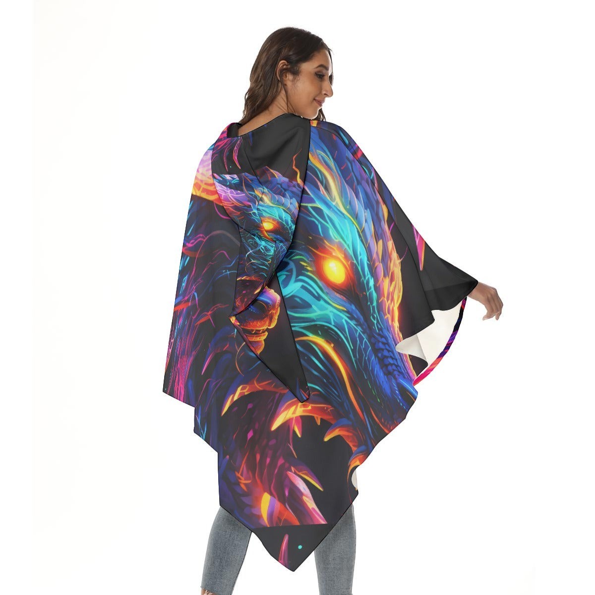 Back and side view of hooded cape with neon dragon artwork and wide shoulder drape