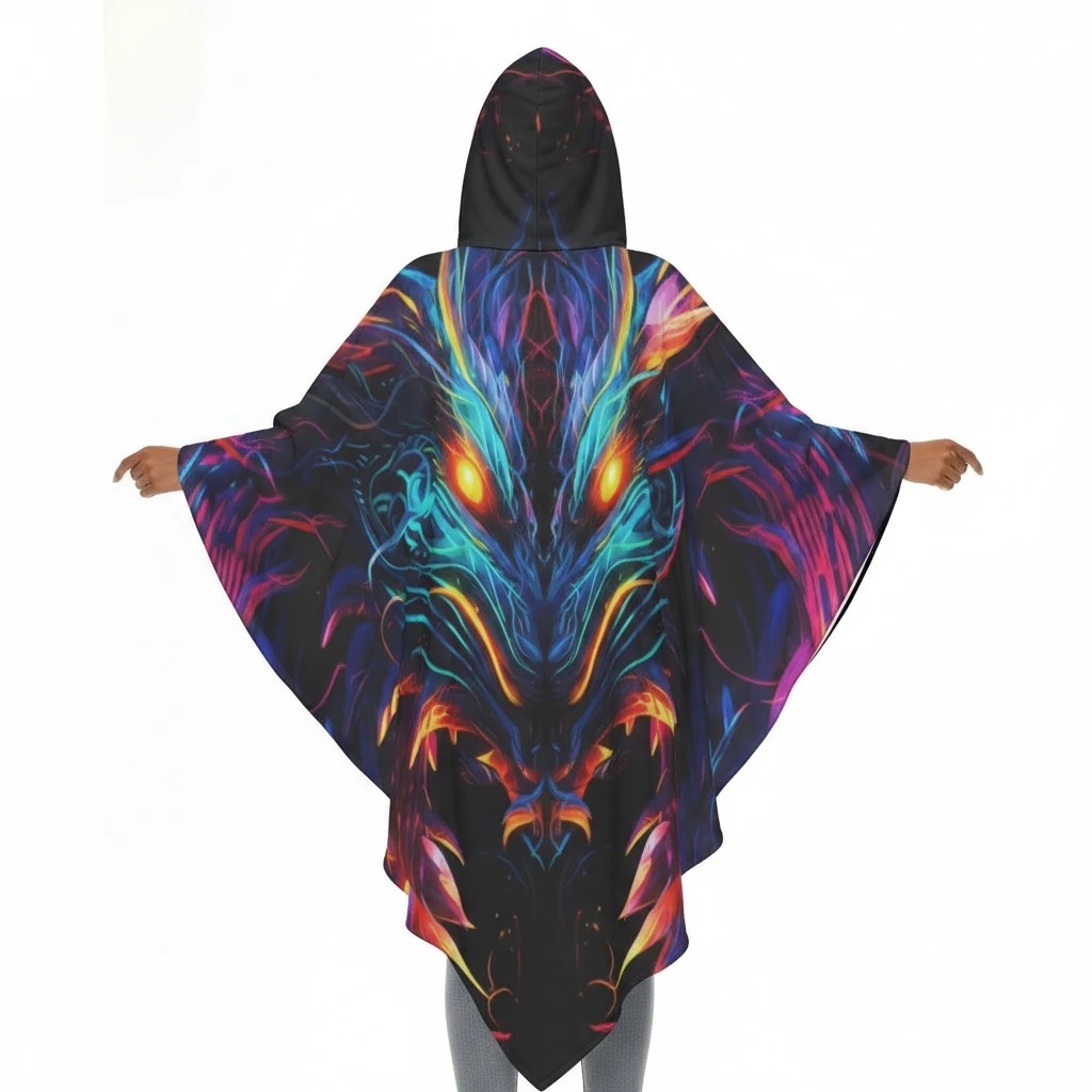 Front-facing hooded neon dragon cape with extended shoulders and flowing, pointed hem