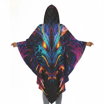 Front-facing hooded neon dragon cape with extended shoulders and flowing, pointed hem