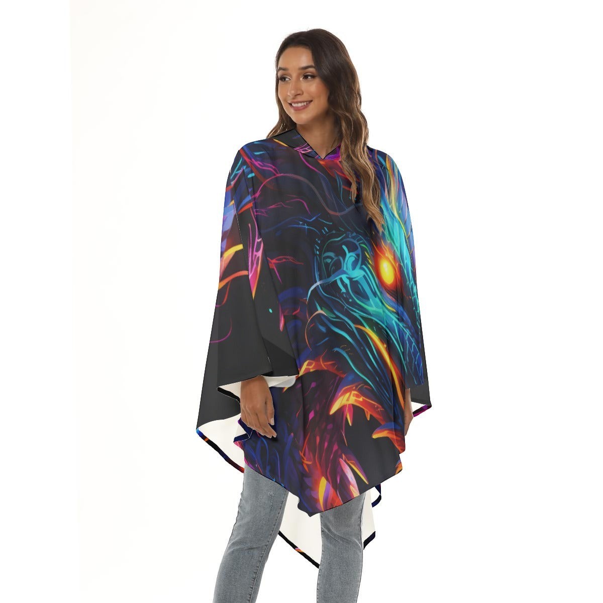 Side view of hooded neon dragon cape with draped silhouette and contrast inner trim