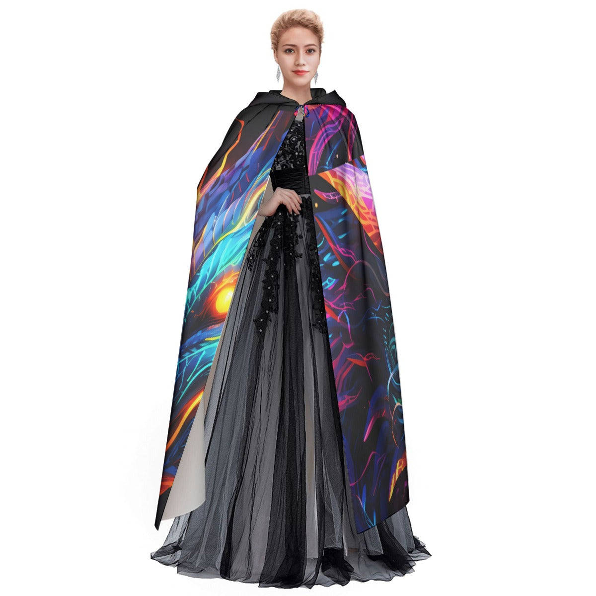 Black hooded cloak with neon dragon print and sheer black layer at the front hem.