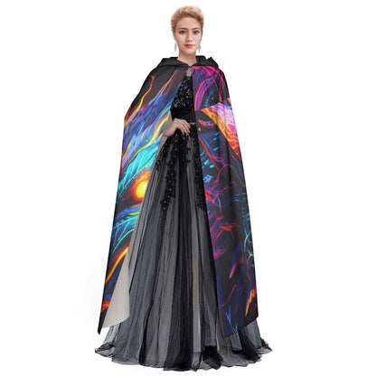 Black hooded cloak with neon dragon print and sheer black layer at the front hem.