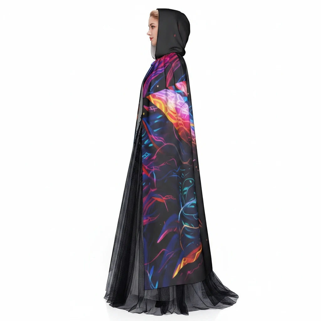 Side view of black hooded cape with neon dragon print and flowing sheer black hem.