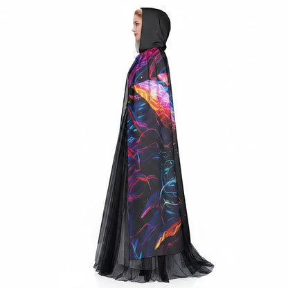 Side view of black hooded cape with neon dragon print and flowing sheer black hem.