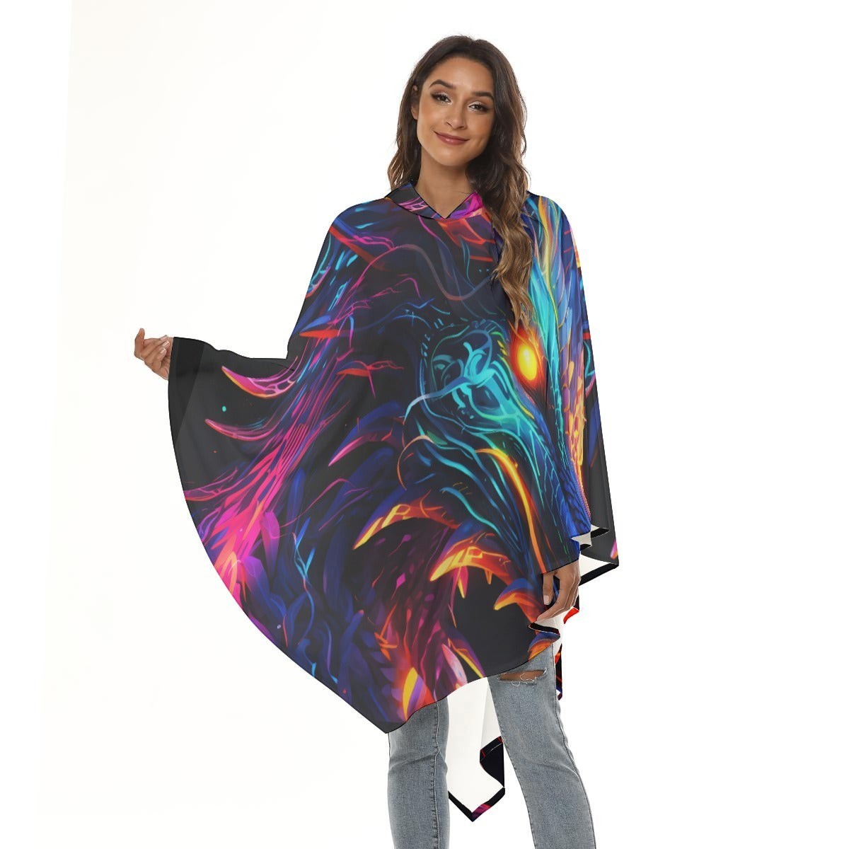 Unisex hooded costume cape with neon dragon print, flowing sleeves and asymmetrical hem