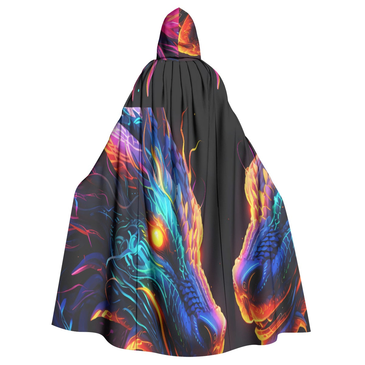 Hooded cloak cape in black with large neon dragon print, flared silhouette, front view.