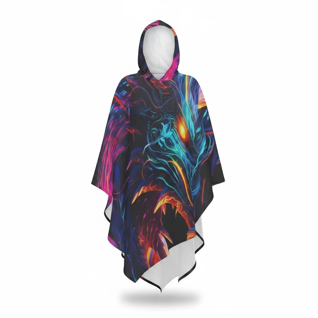 Flat lay of hooded neon dragon costume cape with open front and pointed bottom