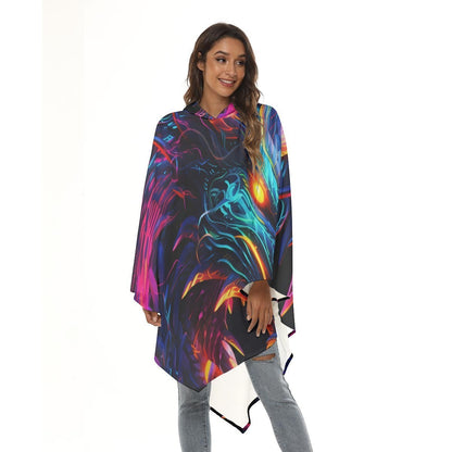 Front view neon dragon hooded cape with flowing sleeves and pointed asymmetrical hem