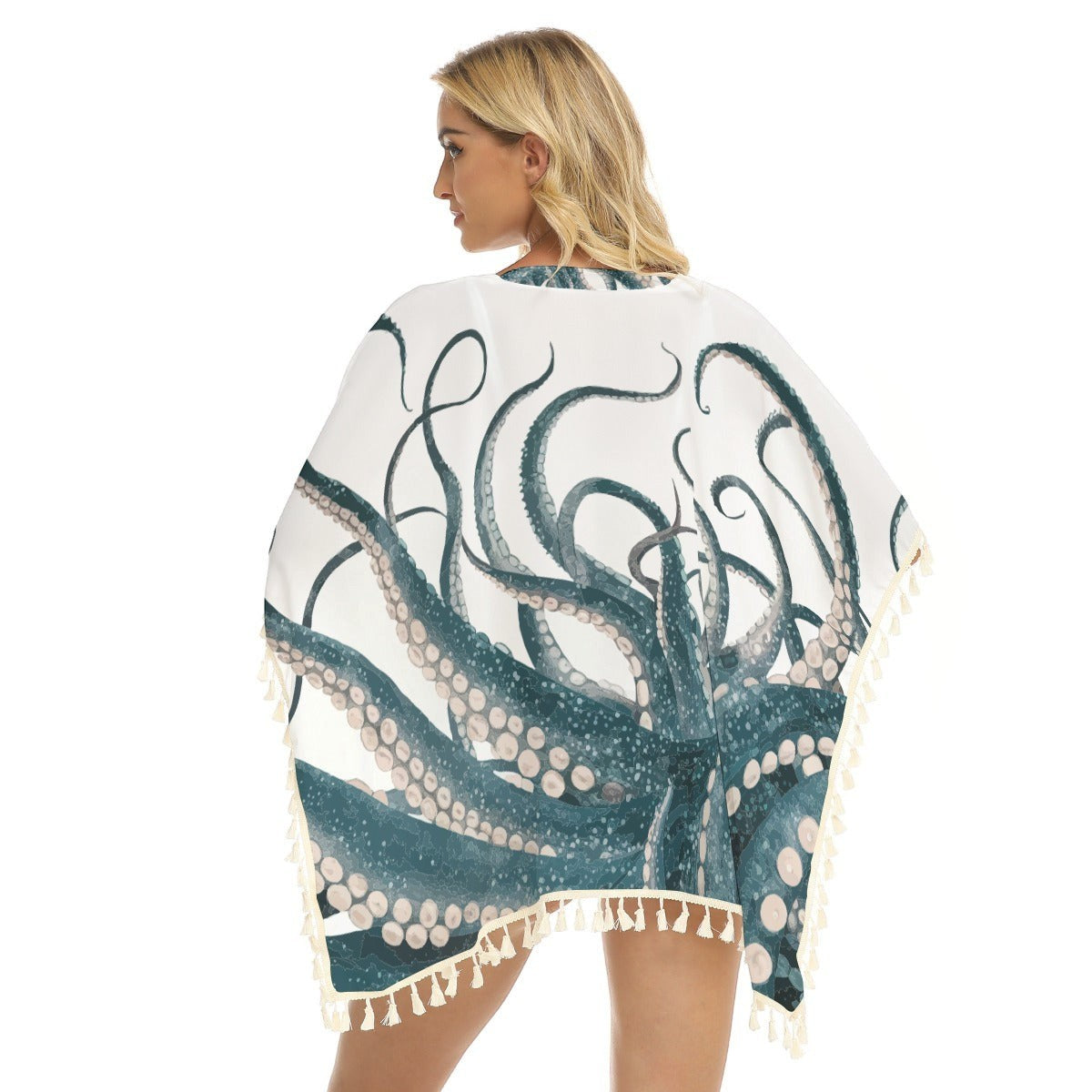 Octopus Fringe Shawl Cover-Up - Women's Ocean-Inspired Square Beach Wrap with Fringe, Lightweight Resort Wear XS to 2XL