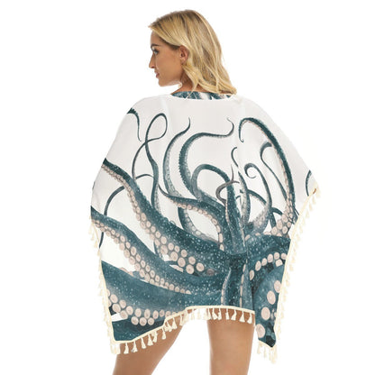 Octopus Fringe Shawl Cover-Up - Women's Ocean-Inspired Square Beach Wrap with Fringe, Lightweight Resort Wear XS to 2XL