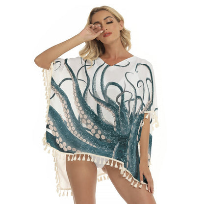 Octopus Fringe Shawl Cover-Up - Women's Ocean-Inspired Square Beach Wrap with Fringe, Lightweight Resort Wear XS to 2XL