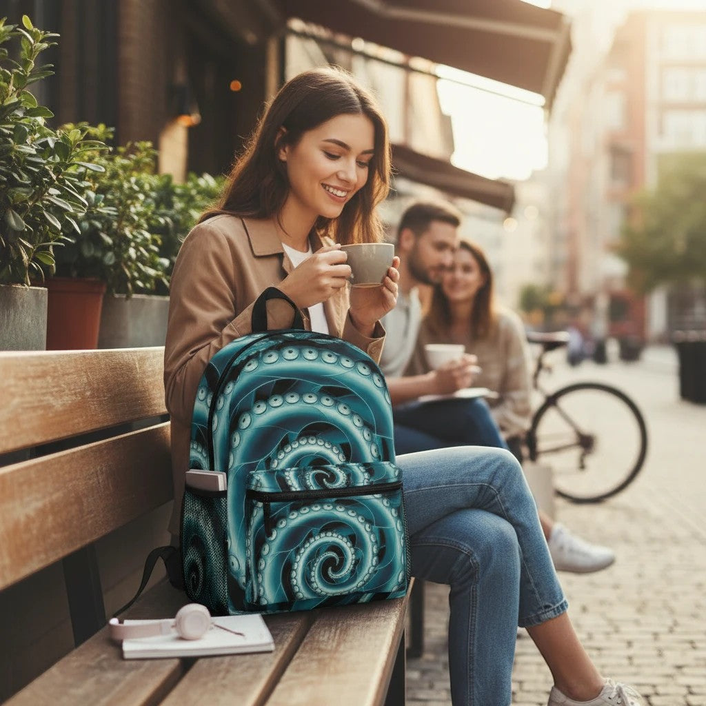 Octopus Spiral Tentacle Backpack – Hypnotic Bioluminescent Teal & Black Deep Sea Art | Laptop Compartment | Waterproof Polyester | Gothic Ocean Bag