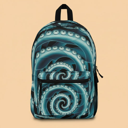 Octopus Spiral Tentacle Backpack – Hypnotic Bioluminescent Teal & Black Deep Sea Art | Laptop Compartment | Waterproof Polyester | Gothic Ocean Bag
